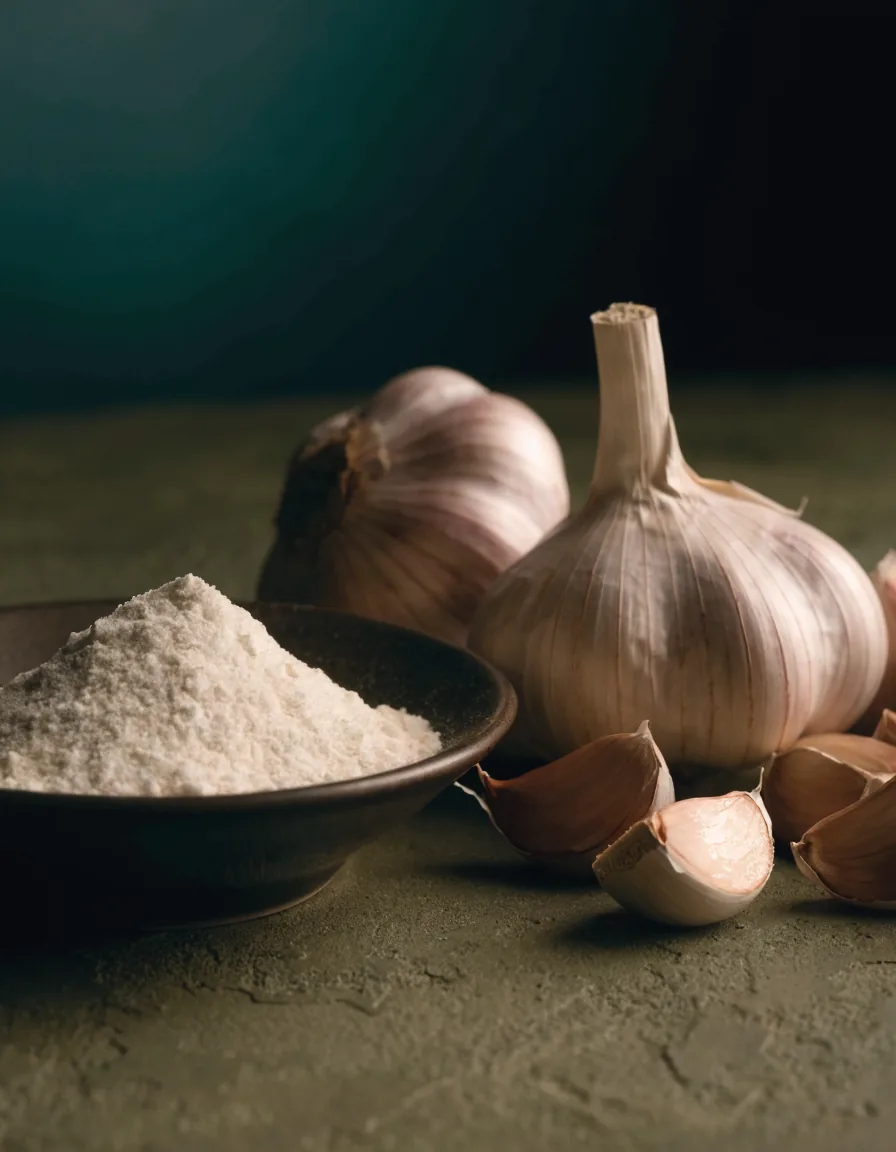 Garlic powder in a ceramic bowl beside whole garlic bulbs